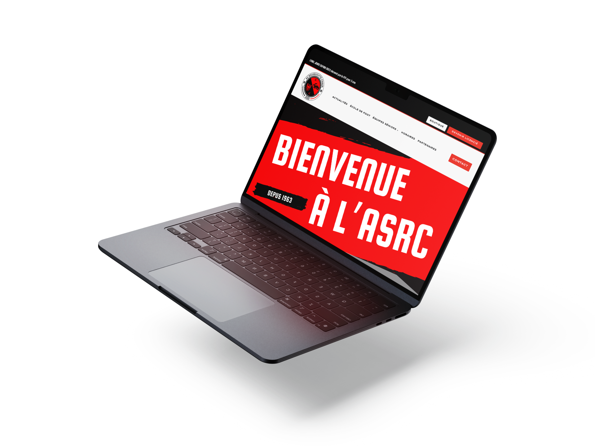 Un ordinateur portable affichant un site web avec une bannière rouge en gras indiquant BIENVENUE À LASRC en texte blanc, accueillant les visiteurs en français. Le site présente une palette de couleurs noire et rouge. Un ordinateur portable affichant un site web avec une bannière rouge en gras indiquant BIENVENUE À LASRC en texte blanc, accueillant les visiteurs en français. Le site présente une palette de couleurs noire et rouge.